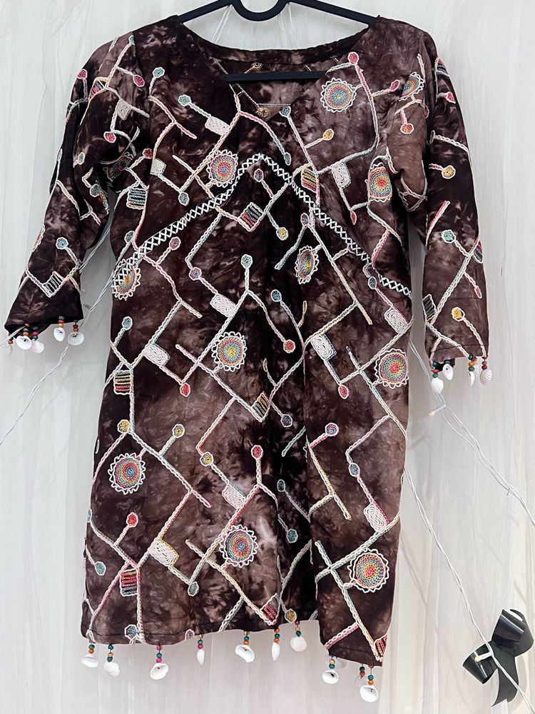 Boho Chic Brown Tunic Top with shell embellishment