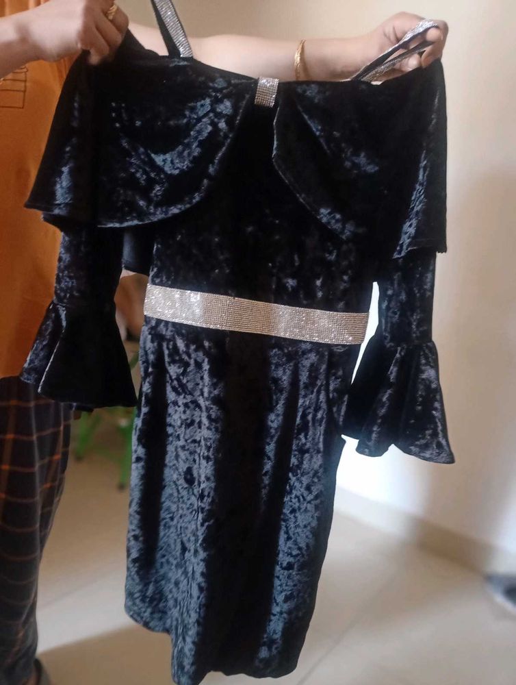 Black Velvet Party Dress with Rhinestone Details