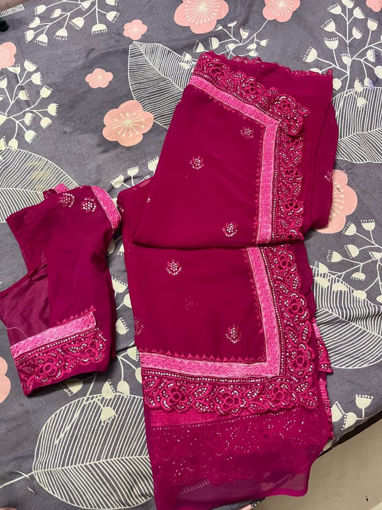 Magenta Embellished Saree &amp; Blouse
