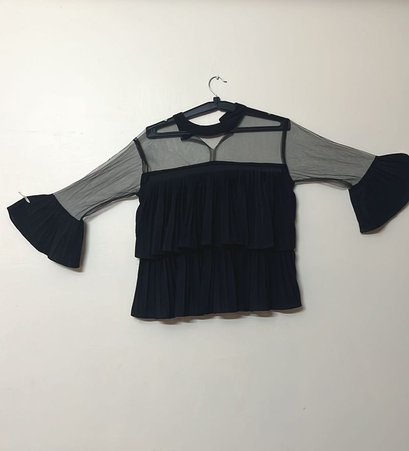Black Pleated Bell Sleeve Top