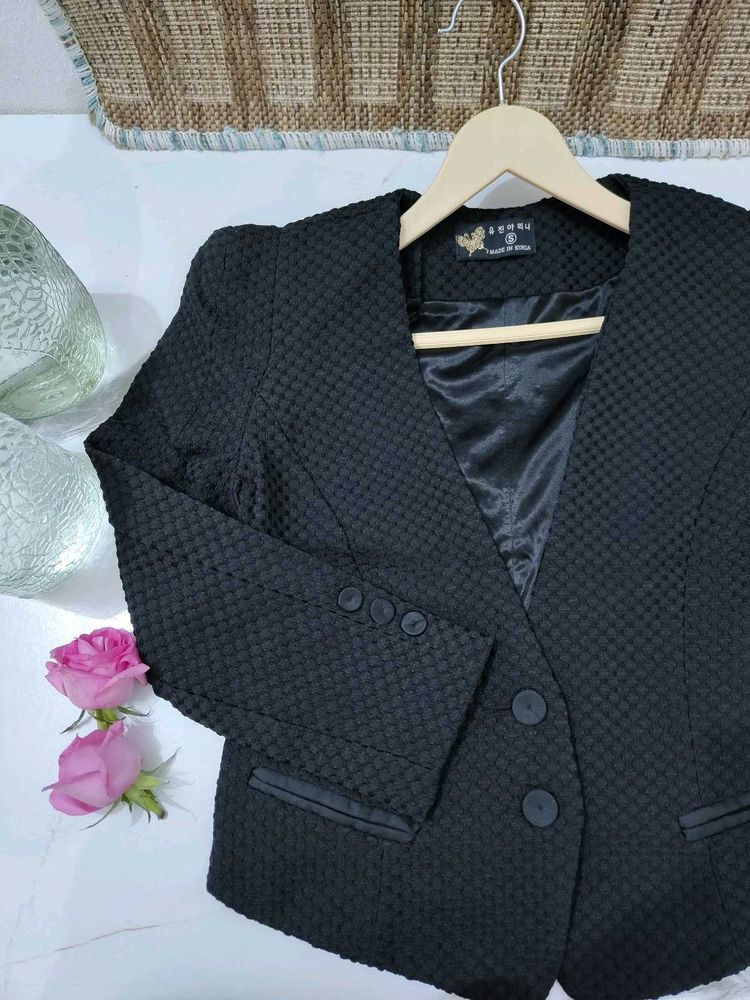 Korean Black Textured Blazer Coat