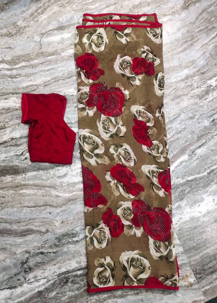 Rose Print Saree With Blouse