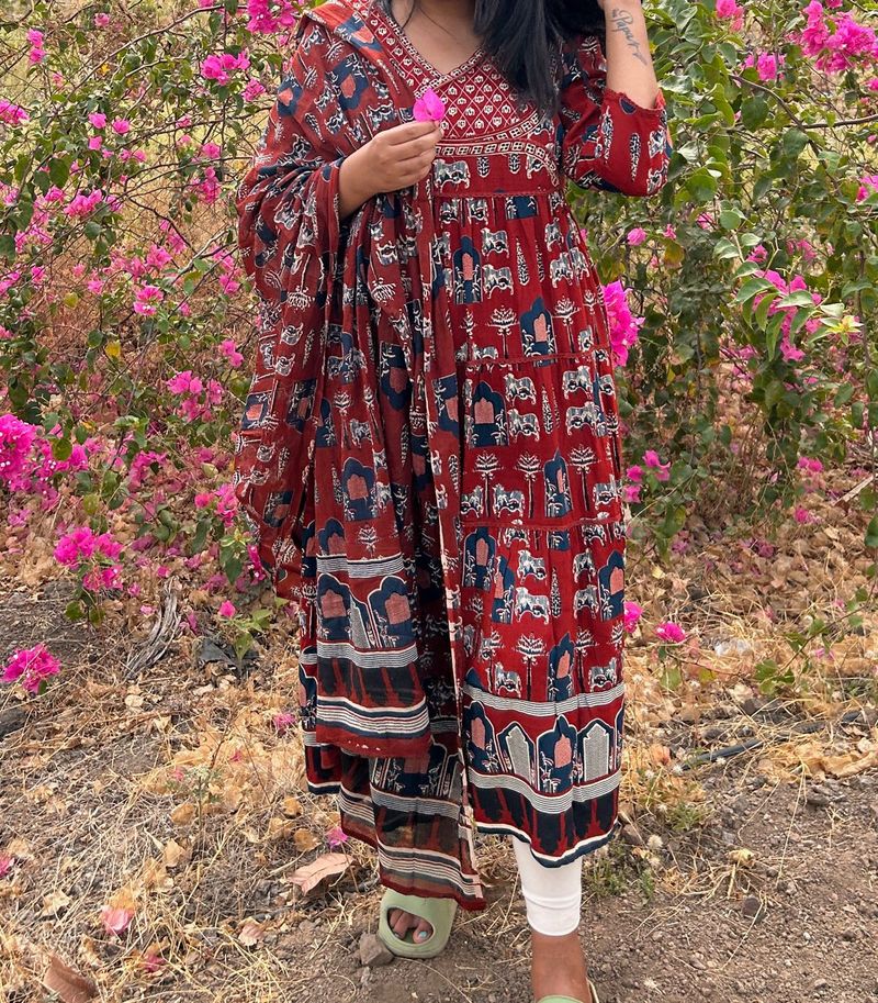RED COTTON ANARKALI SET