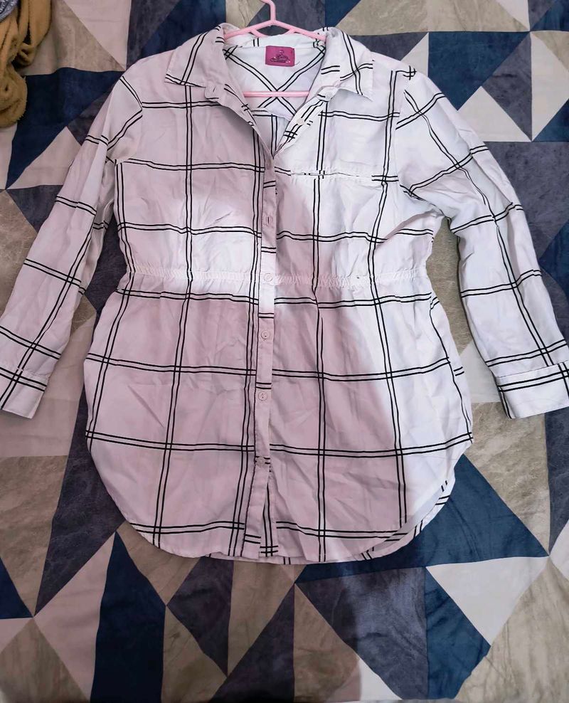 White Strip Cinched Waist Top