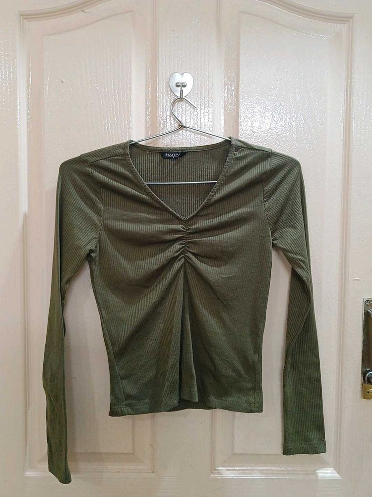 Olive Green Ruched Long Sleeve Top