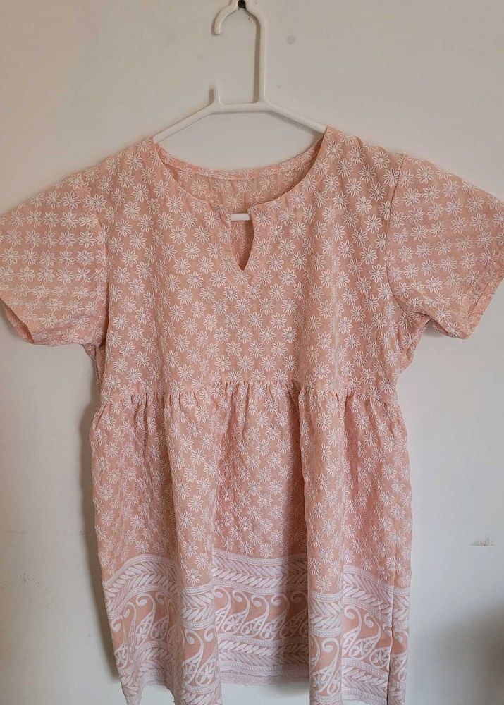 Peach Floral Lucknowi Kadhai Top/Kurti