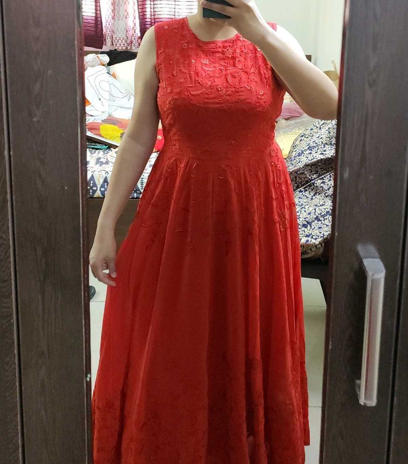 Red Embroidered A-Line Dress