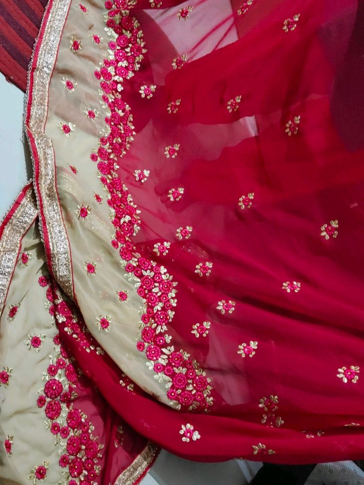 Magenta And Beige Saree Blouse Unstitched Attached