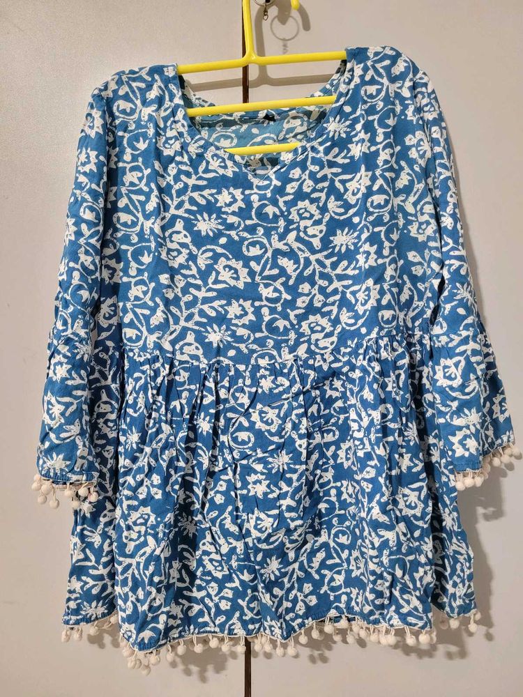 Blue Printed Pom-Pom Tunic
