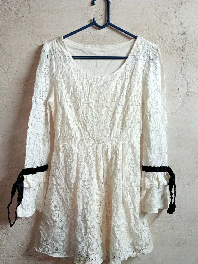 Trendy Ladies Lace Top Layered Light Cream Flared