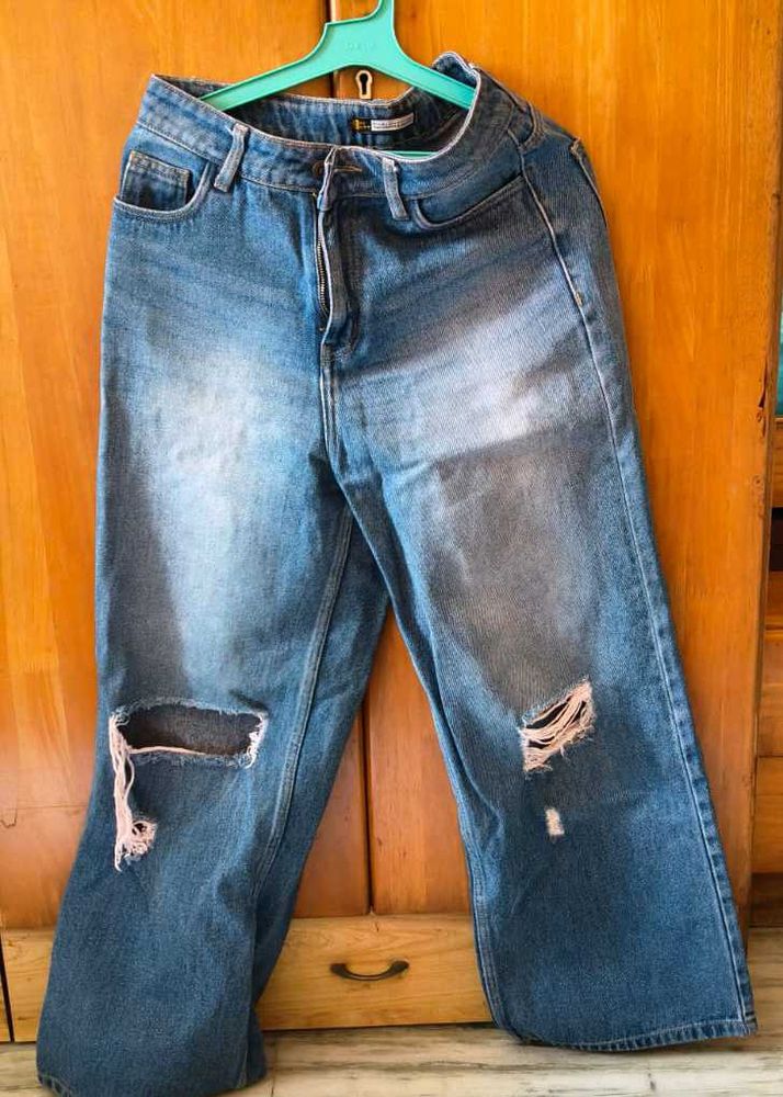Ripped Wide-Leg Denim Jeans