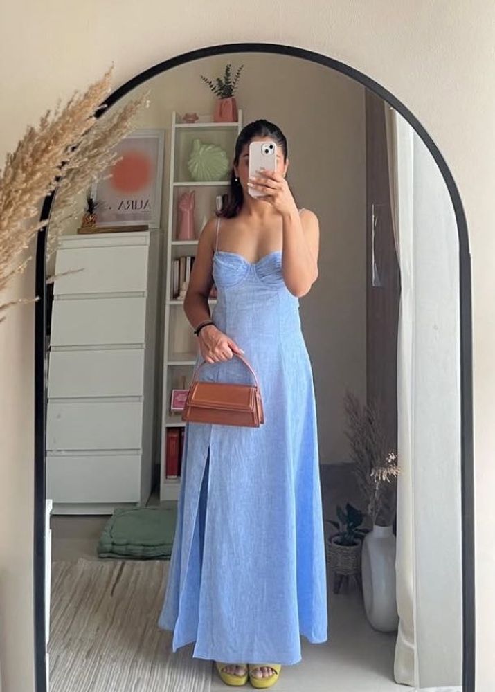 Blue Linen Slit Maxi Dress