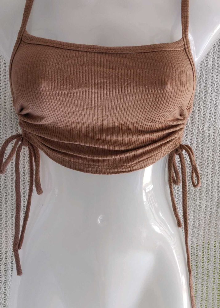 VICTORIA Brown Ribbed Tie-Side Crop Top