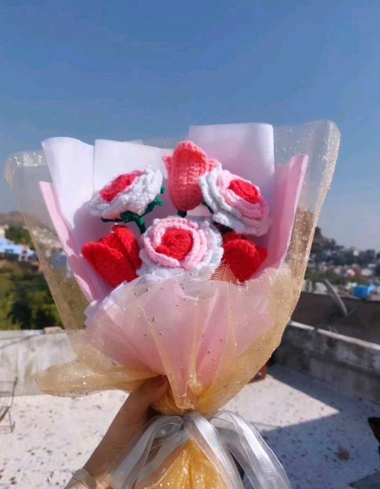 Crochet Bouquet 💐, Handmade ROSE And Tulip Flower