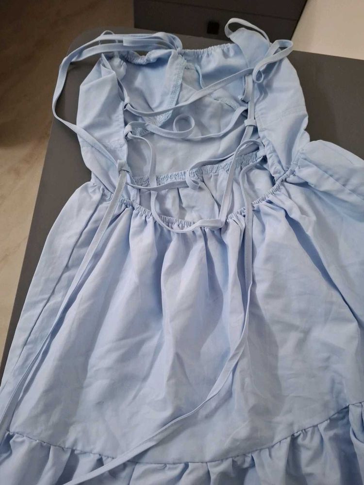 Blue Tie Strap Backless Dress