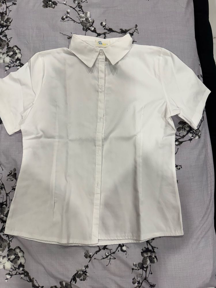 White Half Sleeve Cotton Shirt For Women.