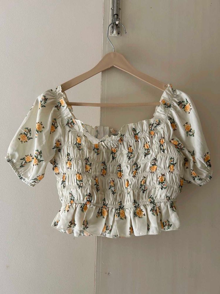 Floral Print Puff Sleeves Cinched Waist Crop Top