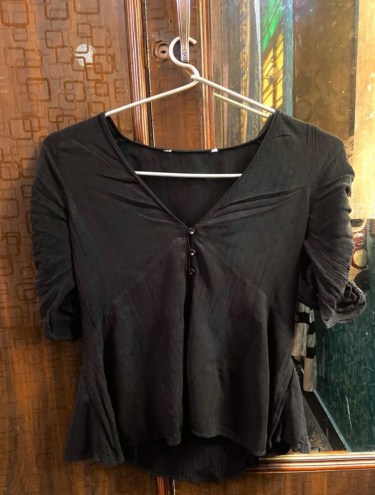 Black V-Neck Button Down Top