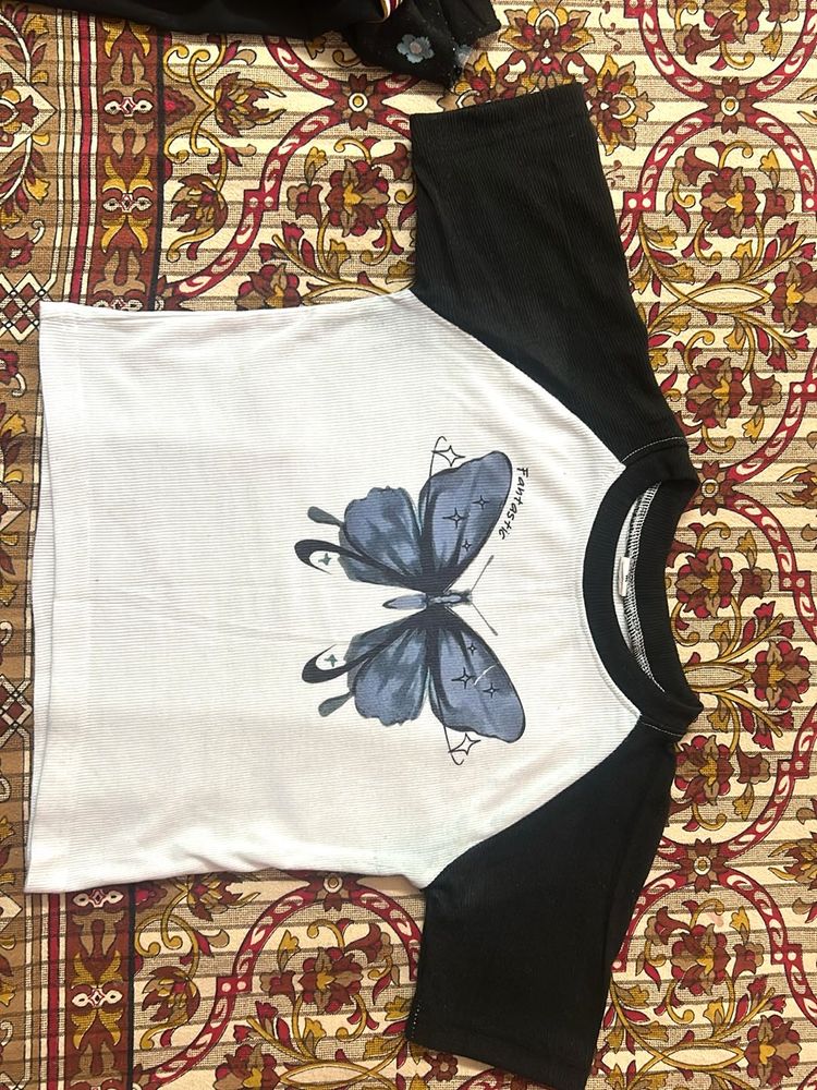 White Butterfly Print Tshirt For Women