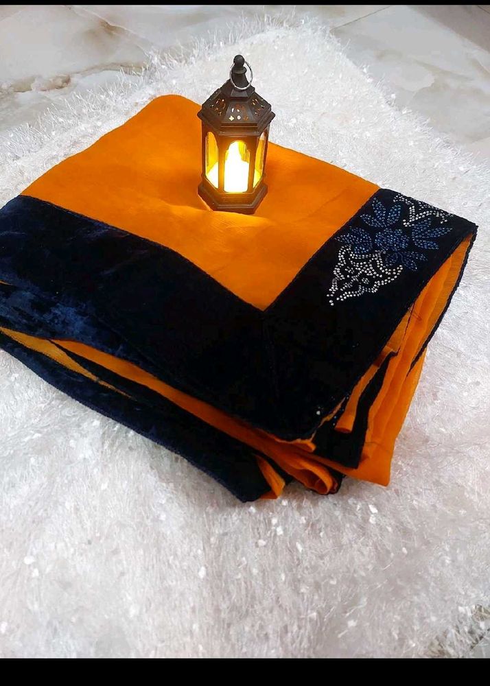 Orange Saree 🥻 And Navy Blue Blouse