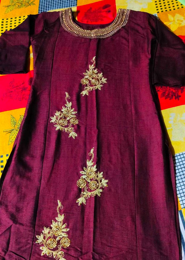 Smooth Embroidered Maroon Kurti Soft Material 🤎