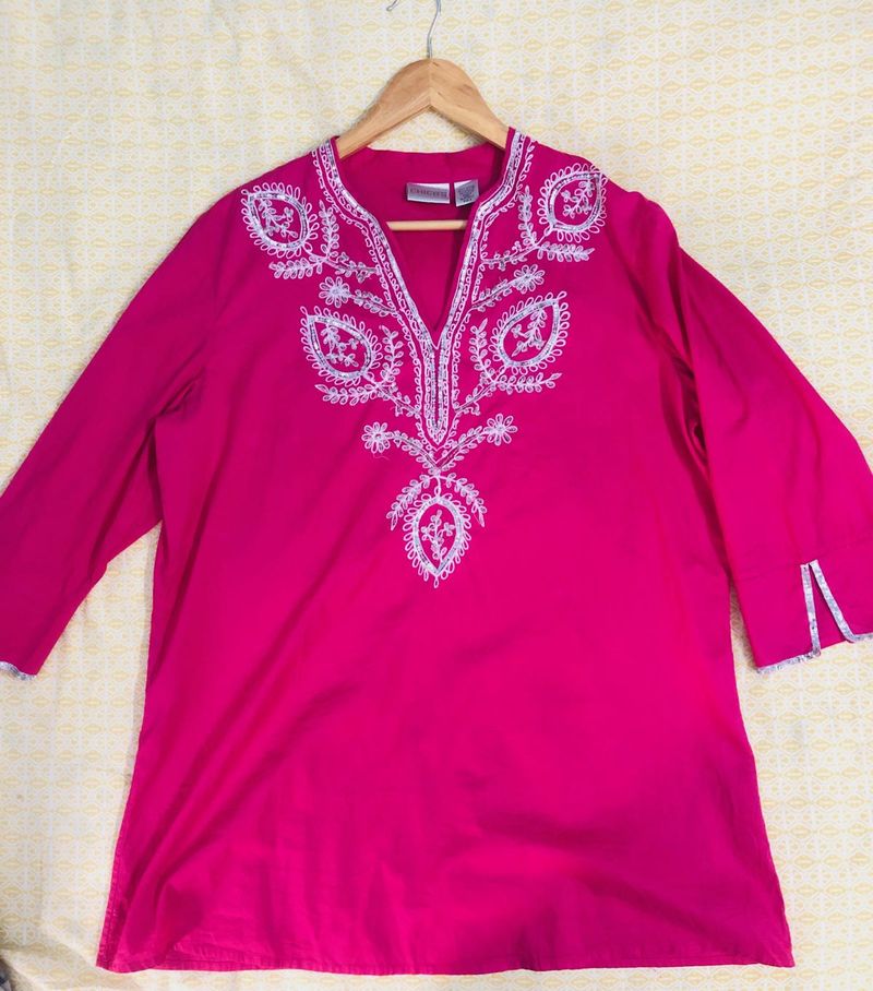 Chikankari Embellished Pink Embroidered Tunic Top