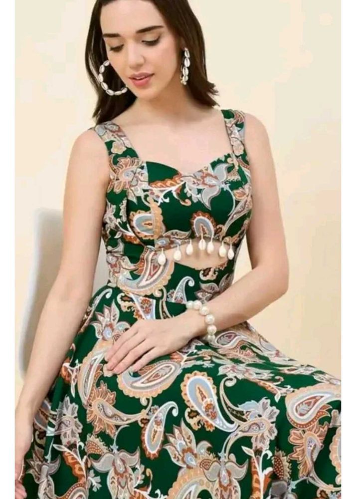 Elegant Green Paisley Print Dress