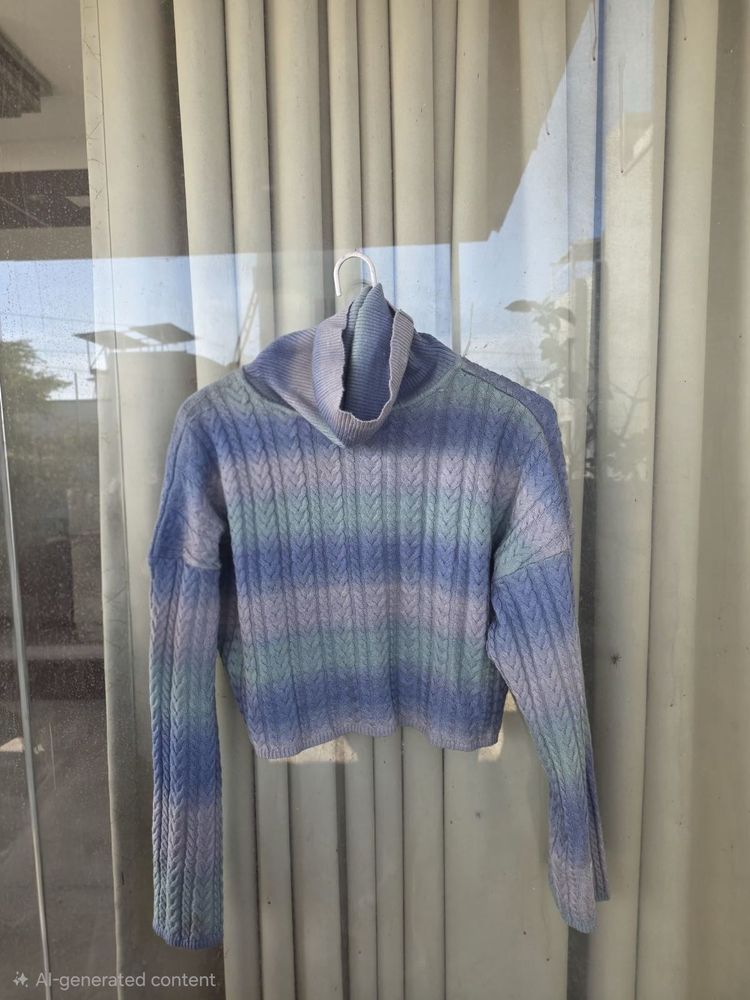 Blue Striped Knit Turtleneck