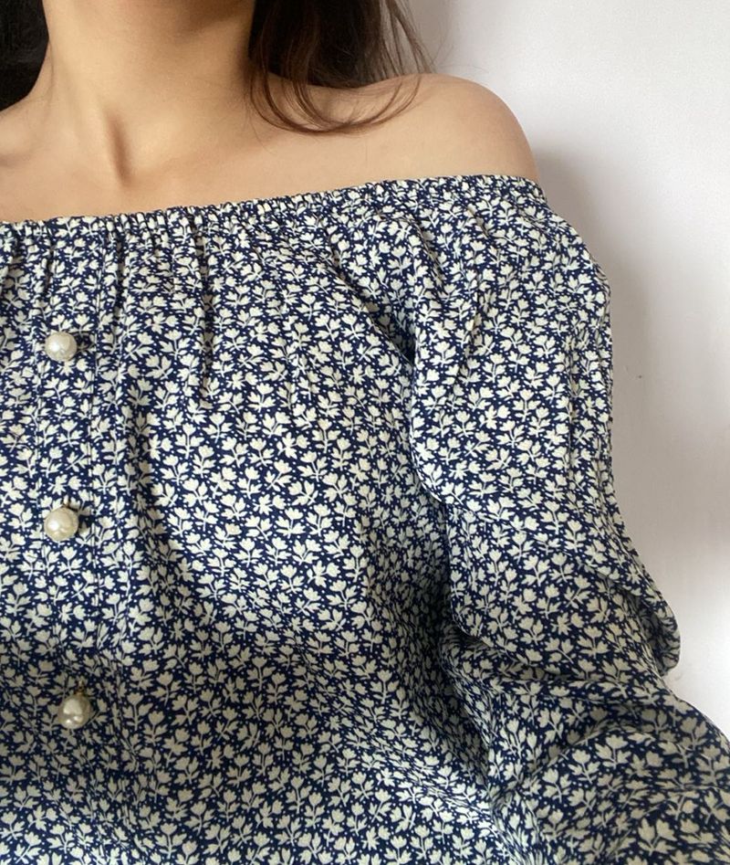 Navy Bloue Printed Off-Shoulder Top