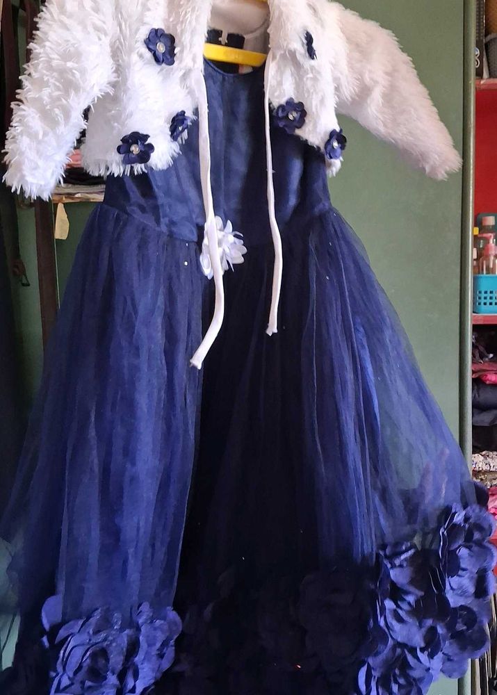 Cute Blue Dress with Fur Jacket
