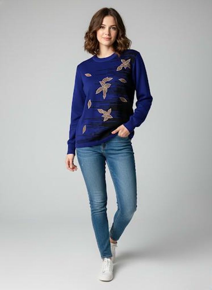 Elegant Blue Floral Sweater