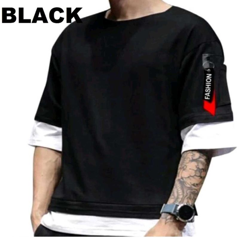 Layered Look Black T-Shirt with White Sleeve Detai
