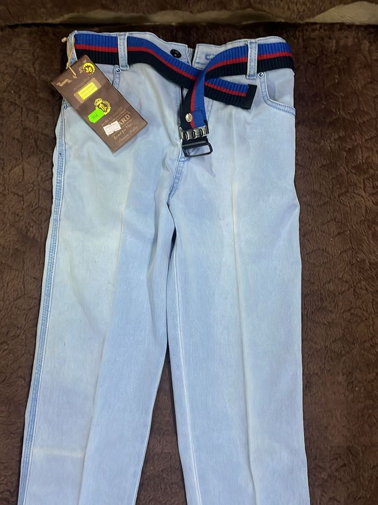 Light Wash Jeans with Striped Belt