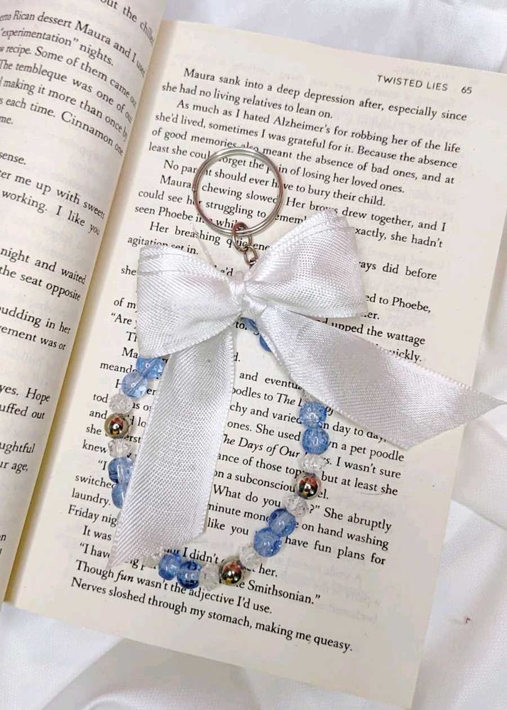 Pale Blue Beaded Keychain with Bow