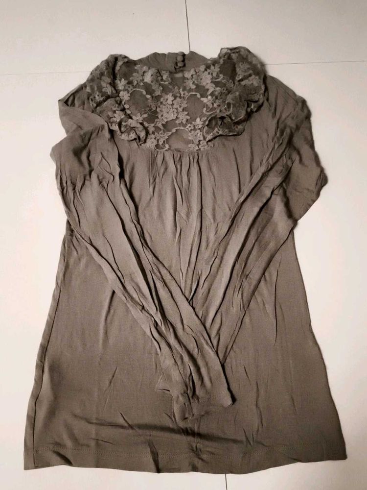 Elegant High Neck Grey- Floral Lace With Ruffle