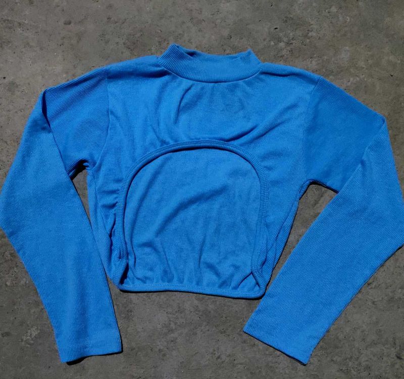 Blue Cutout Long Sleeve Top