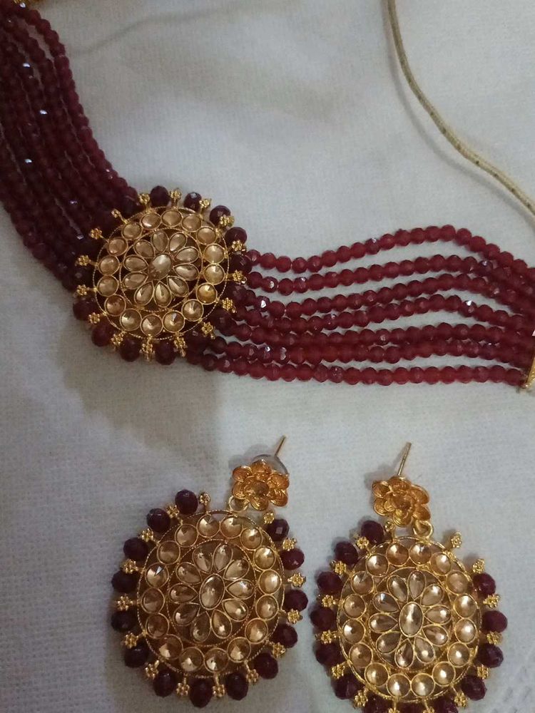 Maroon Beaded Necklace &amp; Earring Set