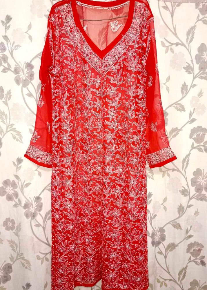 Red Lakhnavi Kurta