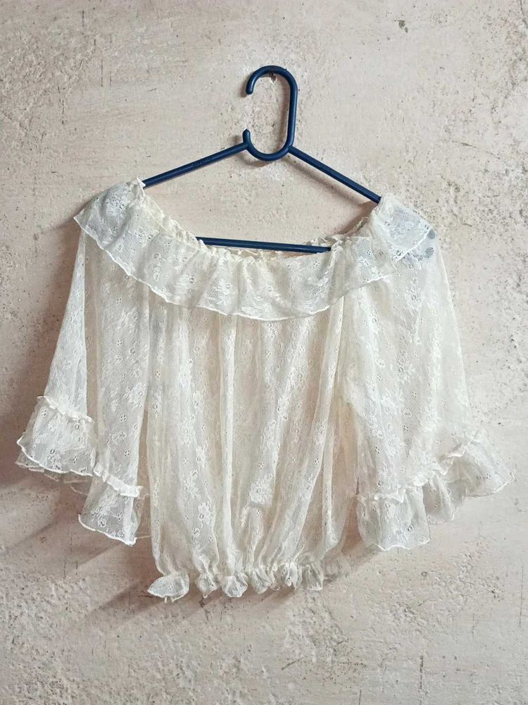 See-through Fashion Lace Crop Top Off-white