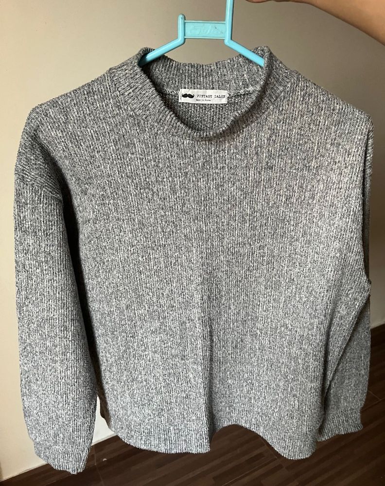 Grey Mock Neck Knitted Sweater