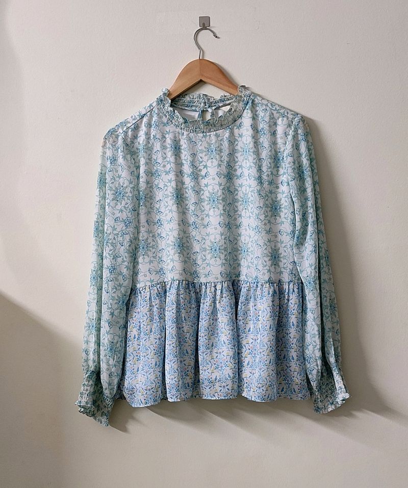 AND White Full sleeves With Floral Blue Design