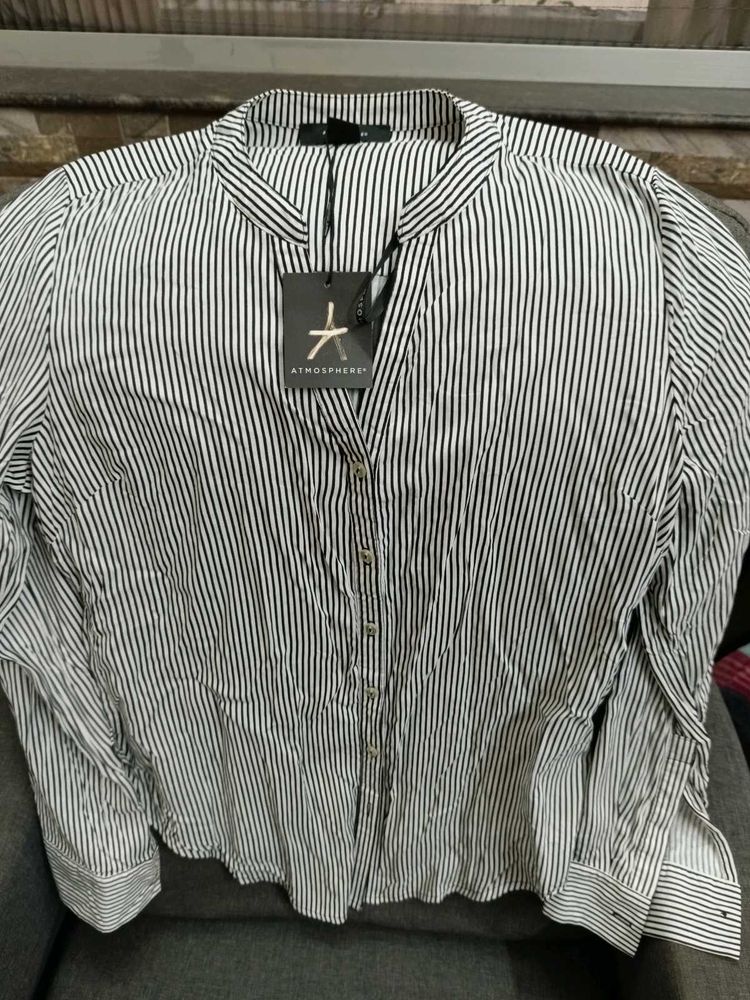 White Chinese Collar Shirt With Black Strips