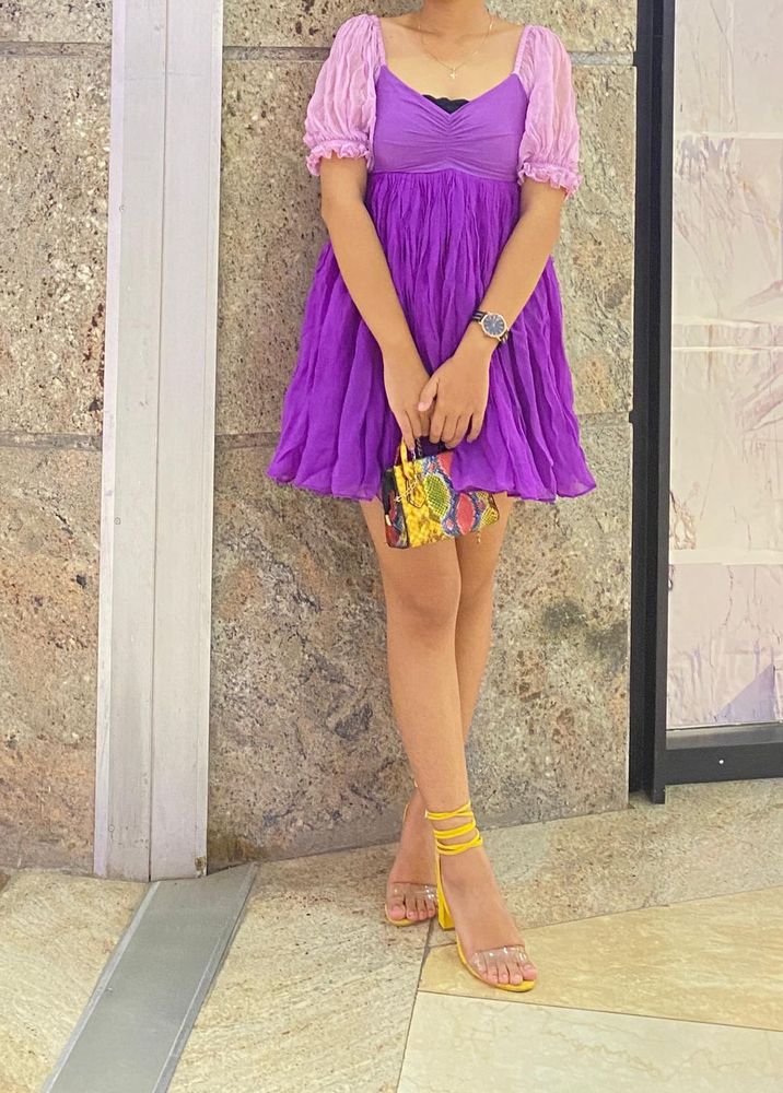 Purple Mini Dress with Puff Sleeves