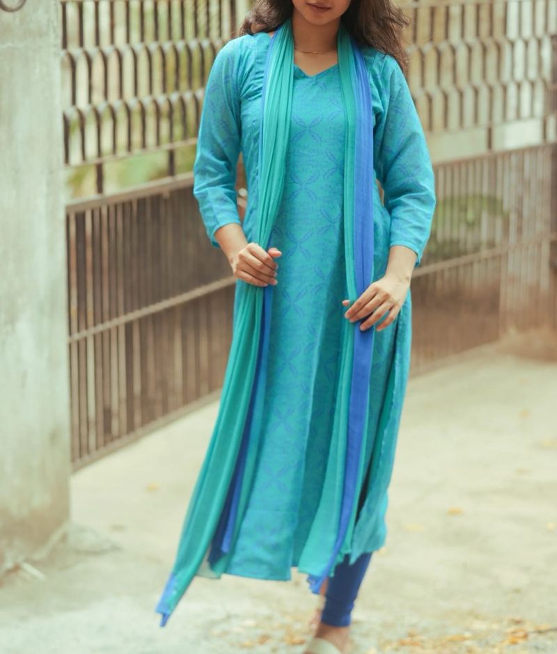 Sky blue and green aline kurti with dupatta