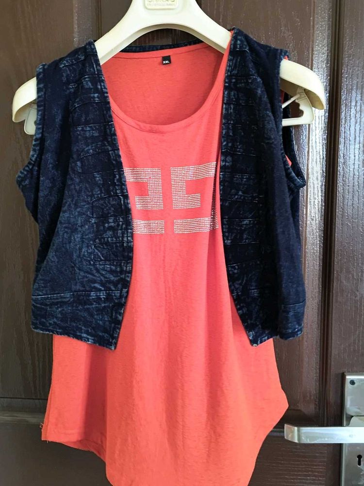 Coral Tank &amp; Denim Vest Set