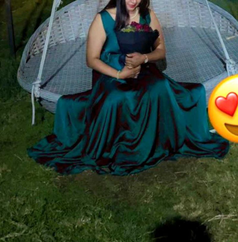 Wrap Green Satin Dress Flared Gown Party