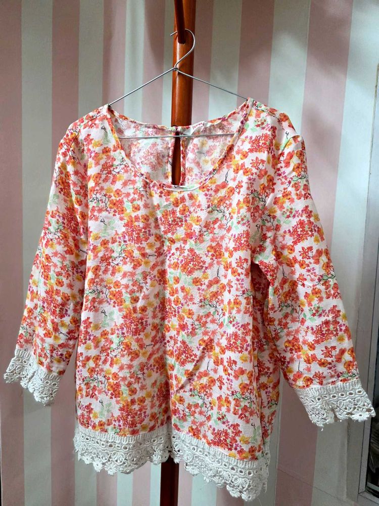 Floral Print Top with Lace