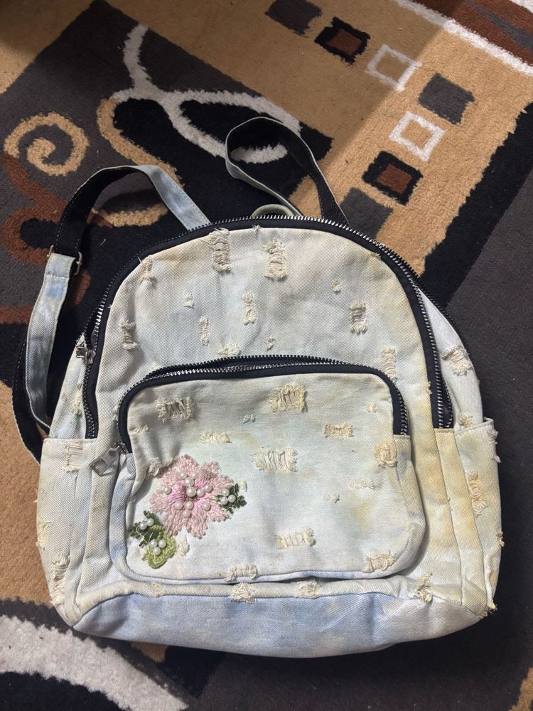 Denim Embroidered Backpack