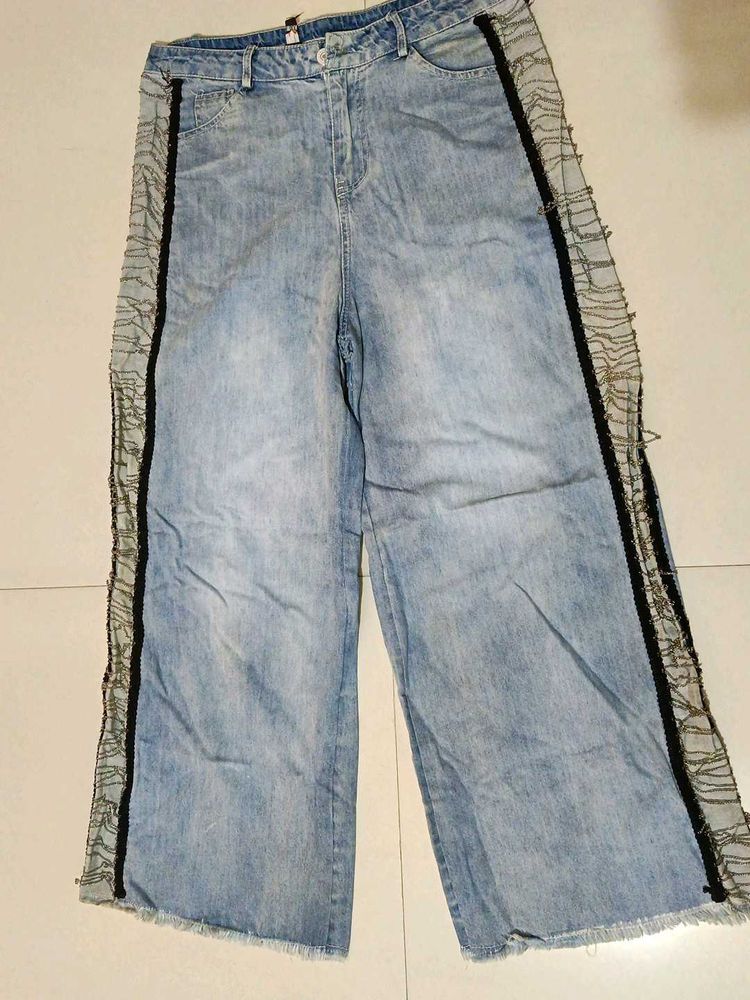 Wide Leg Jeans with Mesh Trim