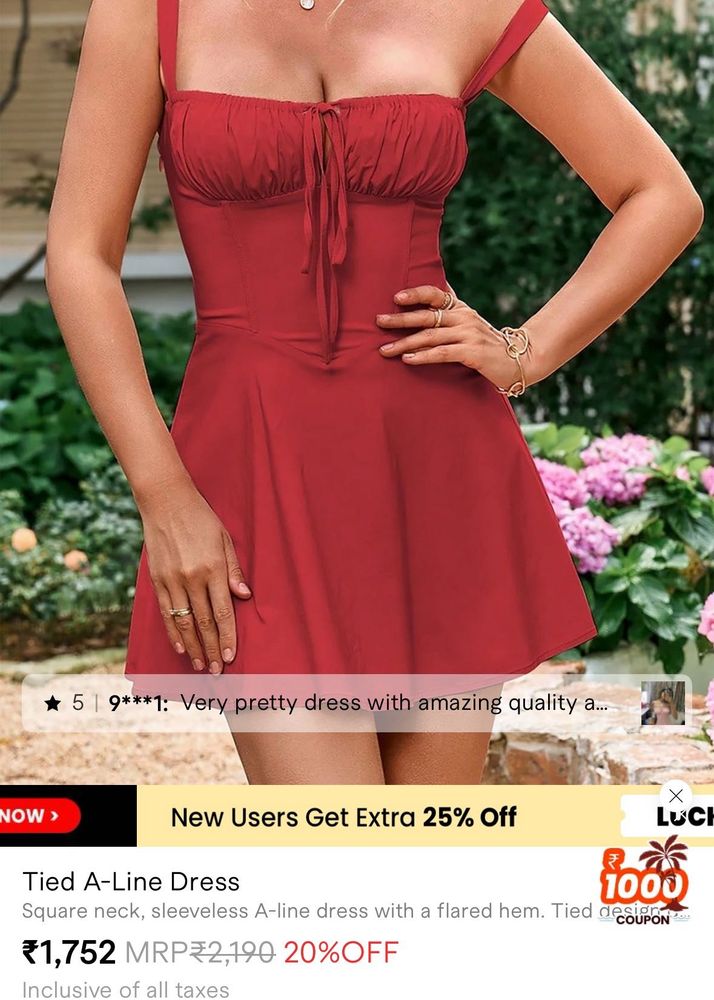 Red A-Line Tie Dress With Drawsting Neck Front